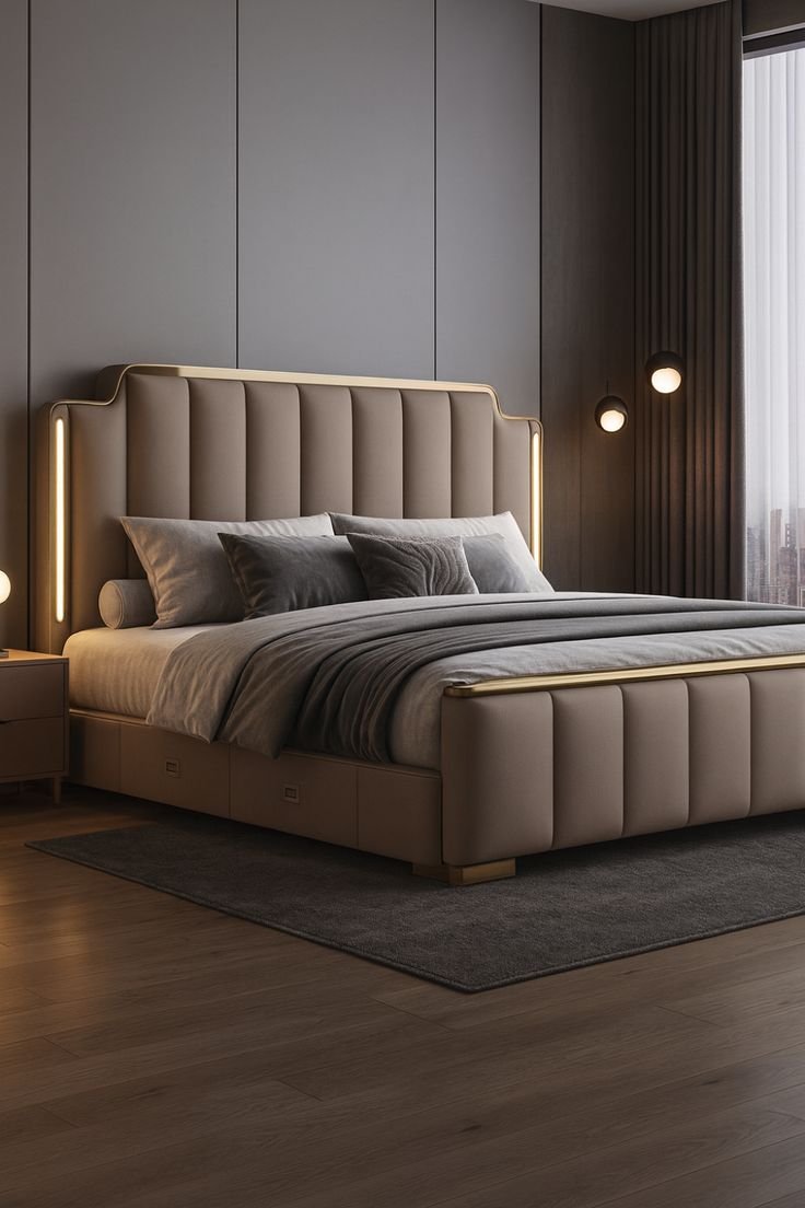 Channel-tufted luxury bed with gold trim