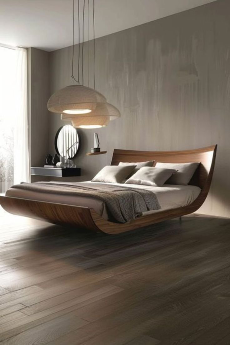Sculpted curved wooden bed with floating base