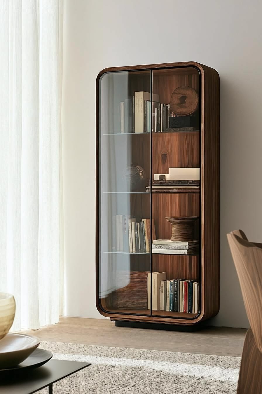 Walnut glass display cabinet handcrafted near Chandigarh