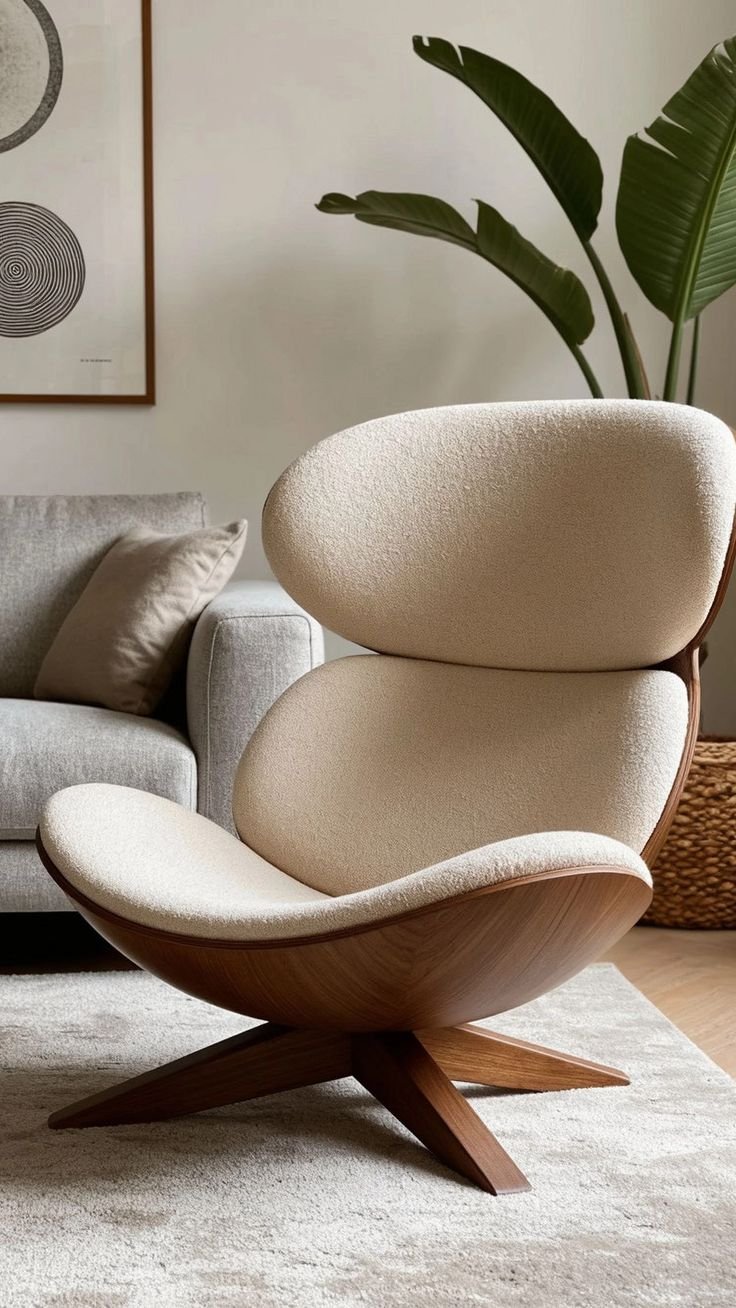 Boucle and walnut cocoon lounge chair