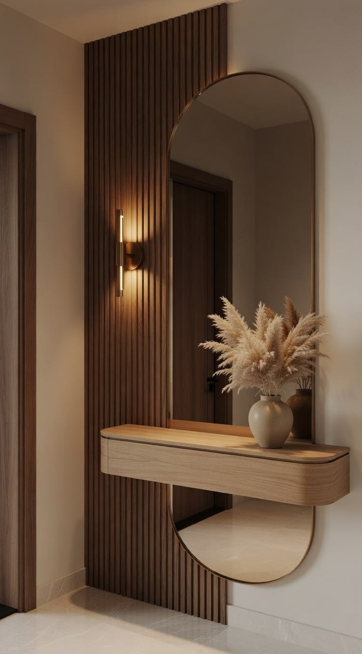 Entryway console with oval mirror and fluted wood panel