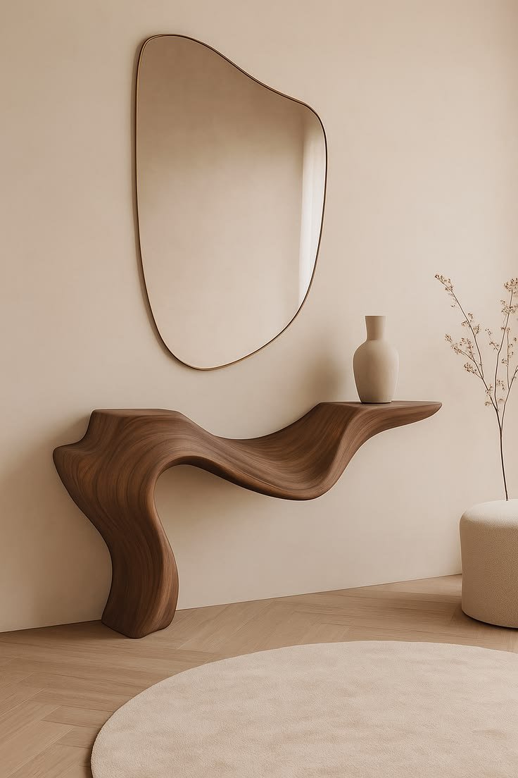 Hand-sculpted flowing wooden console table