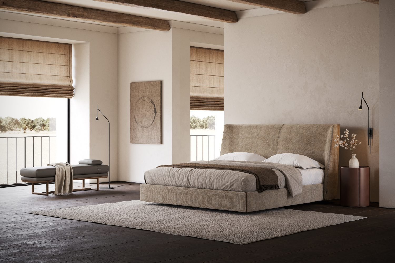 Handcrafted designer bed in a warm luxury bedroom