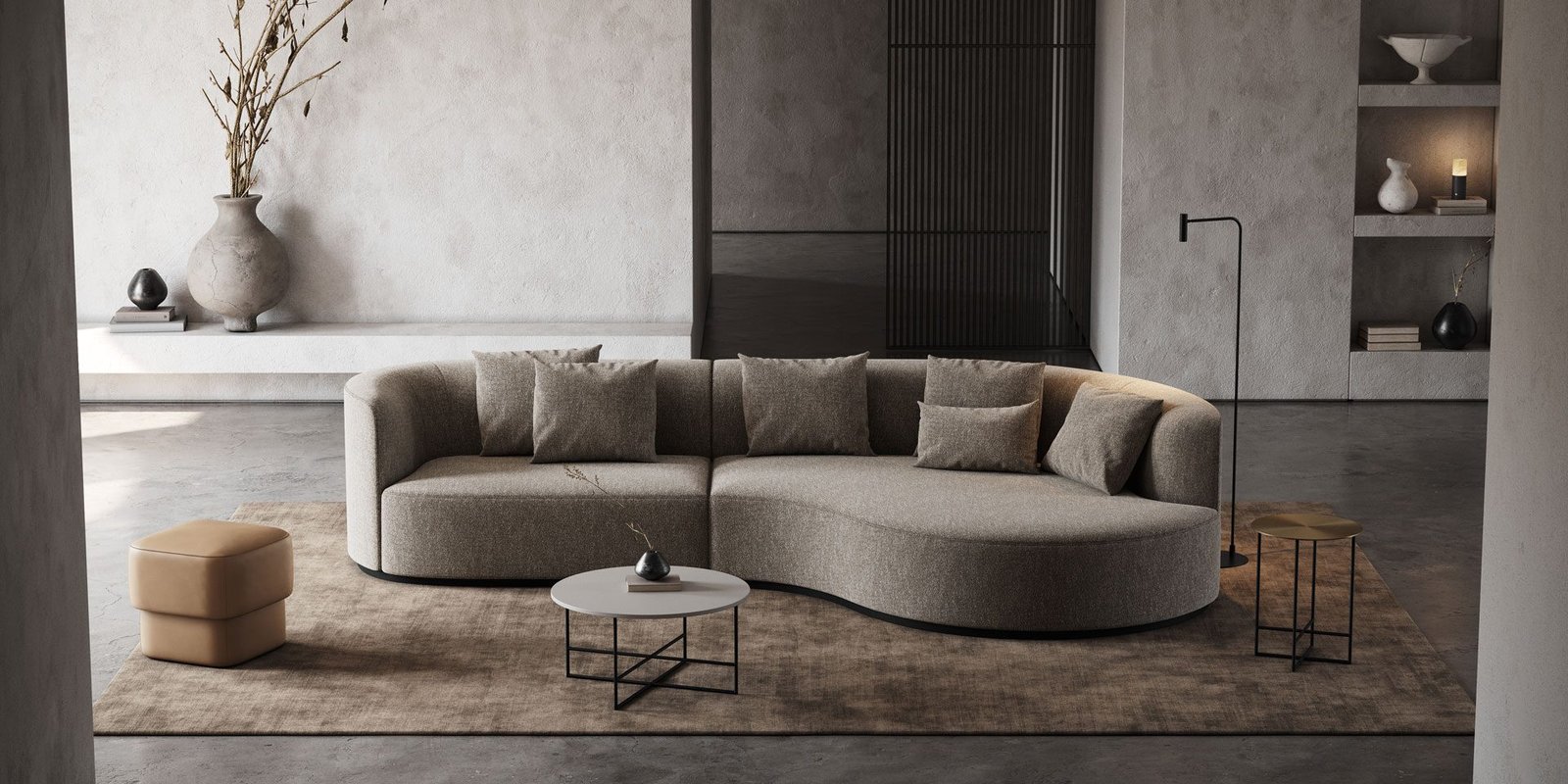 Curved designer sectional sofa in a modern living room