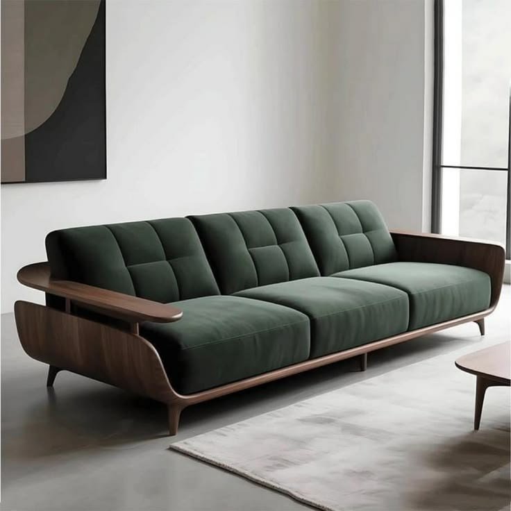 Emerald green velvet sofa with walnut wood frame