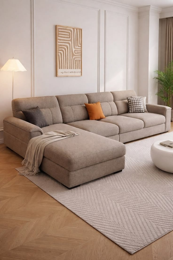 Beige L-shape sectional sofa with chaise